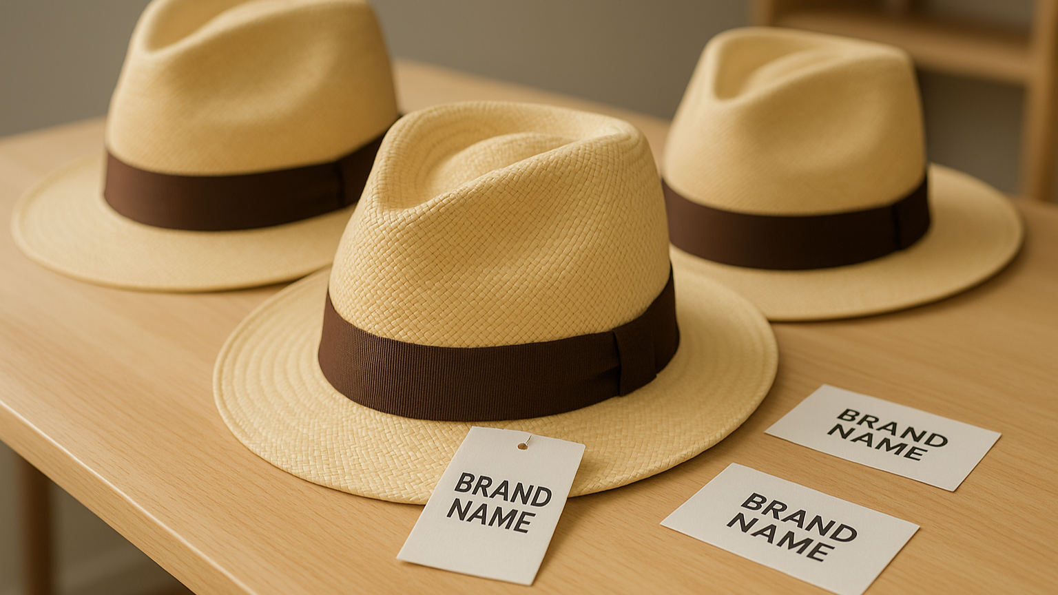 Fedora straw hats with brown bands on a wooden table, each accompanied by a 'brand name' tag.