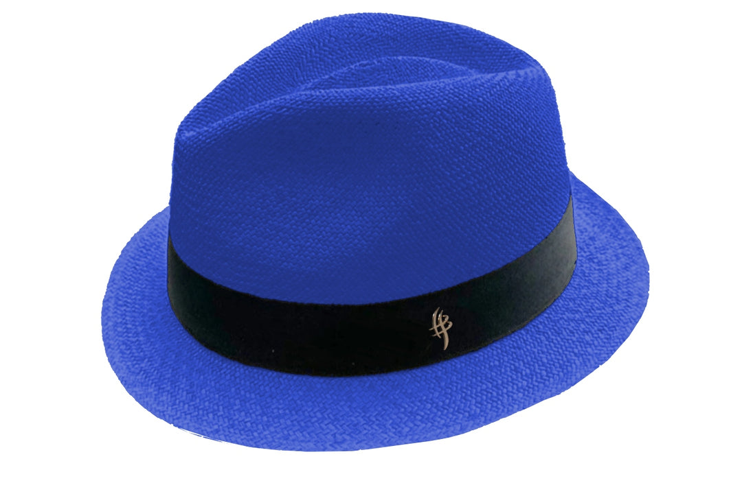 Blue fedora hat with a black band on a white background